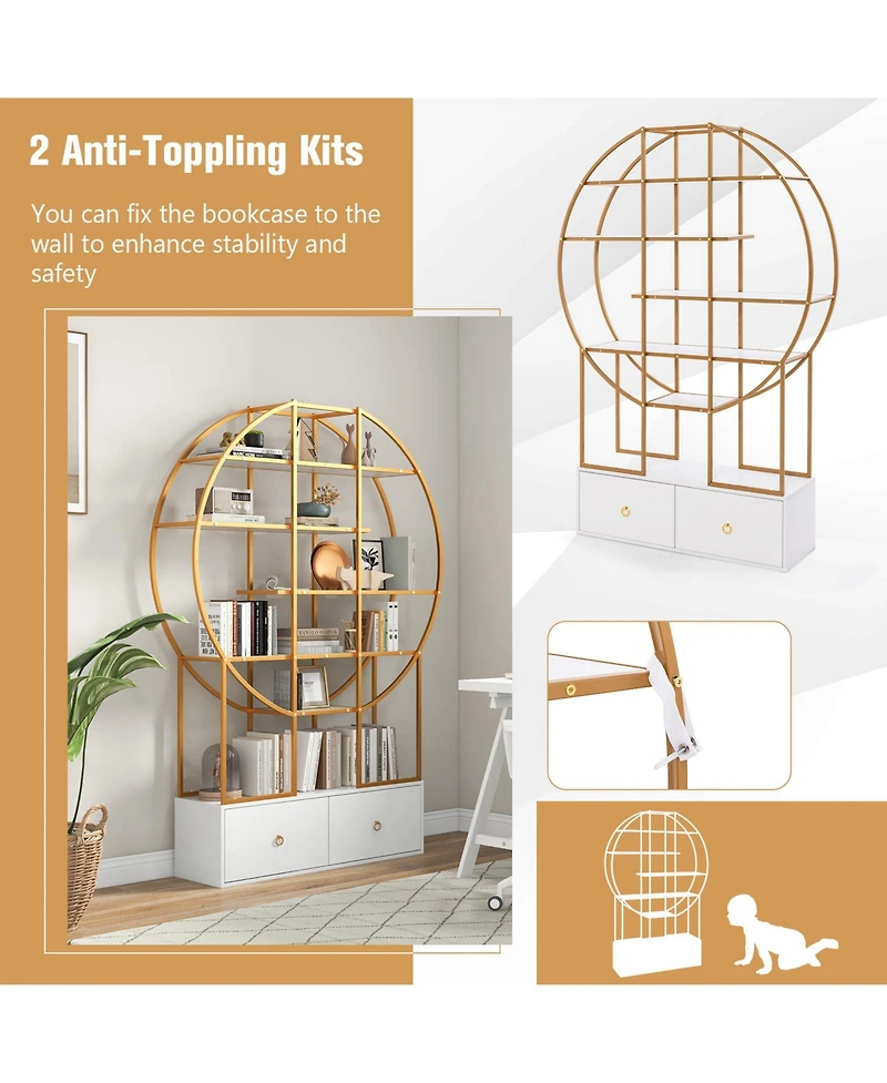 71 Inches 6-Tier Gold Bookshelf with 2 Storage Drawers-Golden