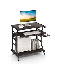 Skonyon Mobile Computer Desk with Keyboard Tray Mouse Tray and Shelf-Dark Brown