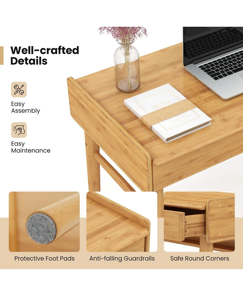 Bamboo Writing Desk with 2 Storage Drawers and Open Shelf-Natural