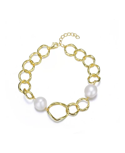 Sterling Silver 14k Gold Plating with Genuine Freshwater Pearl Chain Bracelet