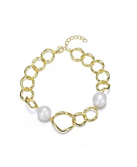 Sterling Silver 14k Gold Plating with Genuine Freshwater Pearl Chain Bracelet