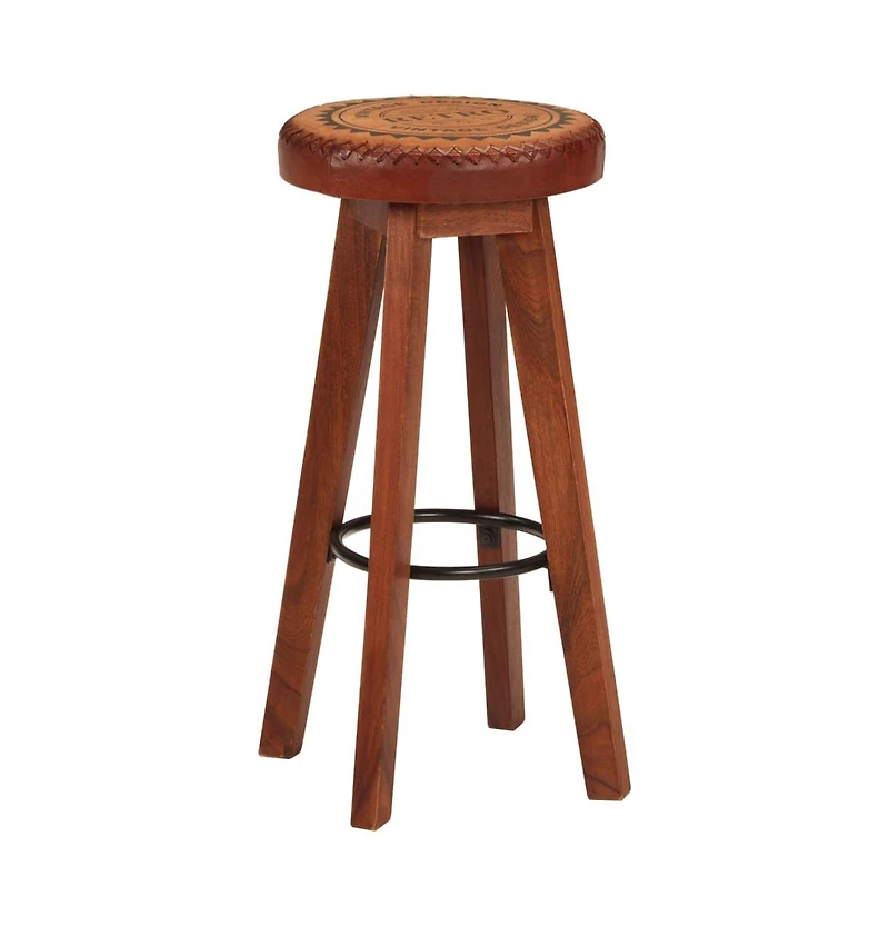 Bar Stools 2 pcs Real Leather and Solid Wood Acacia