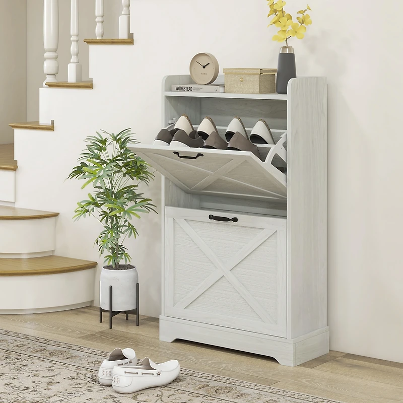 Homcom Slim Shoe Cabinet with 2 Flip Drawers and Adjustable Shelves,
