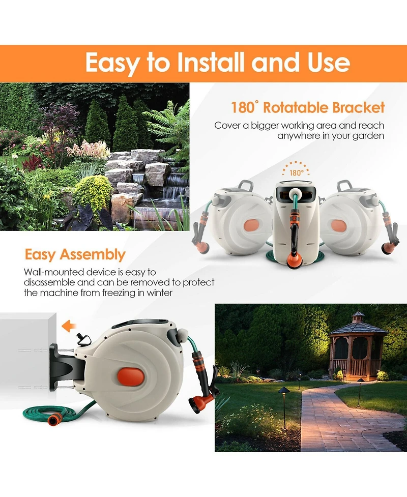 Givimo 98ft Wall Mounted Retractable Garden Hose Reel with Hose Nozzle and Auto Rewind