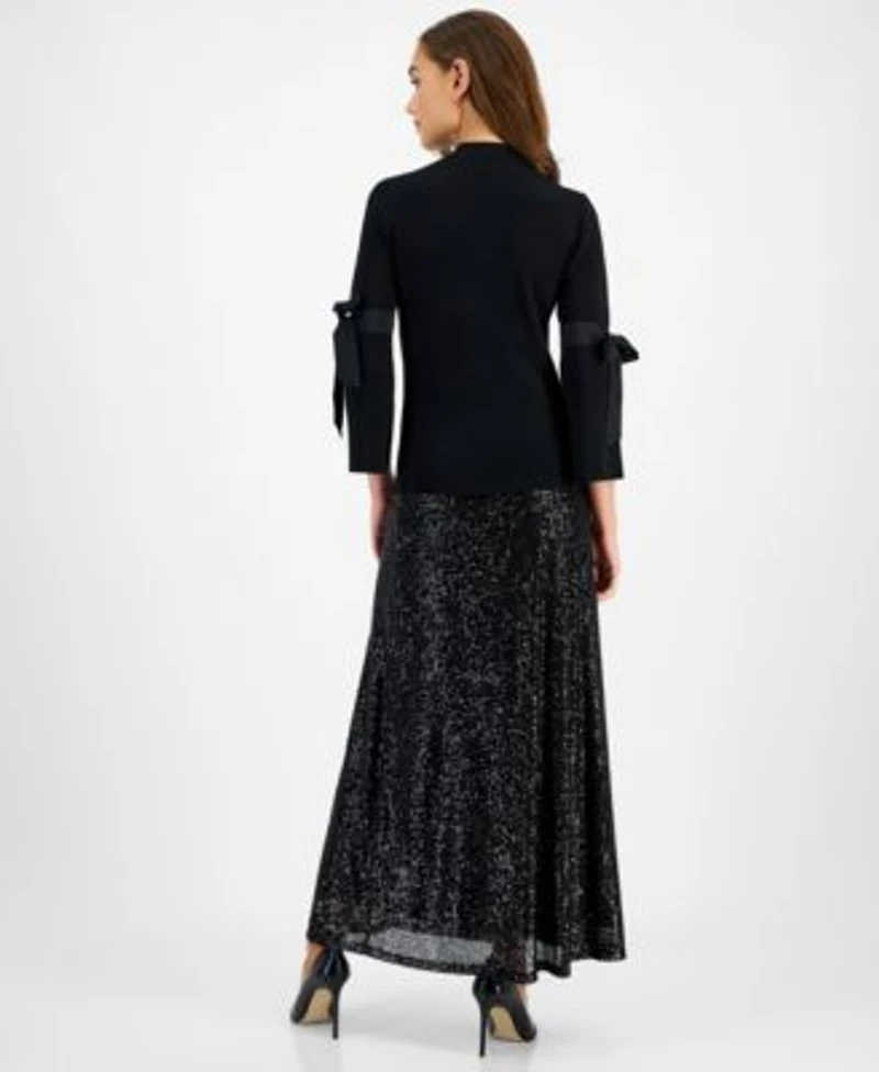 Anne Klein Womens Mock Neck Tie Sleeve Sweater Sequin Maxi Skirt