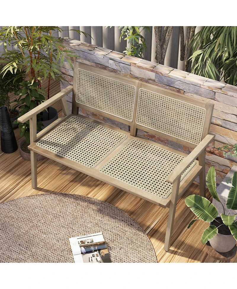 Givimo Indonesia Teak Wood Garden Bench with Armrests and Natural Rattan Backrest