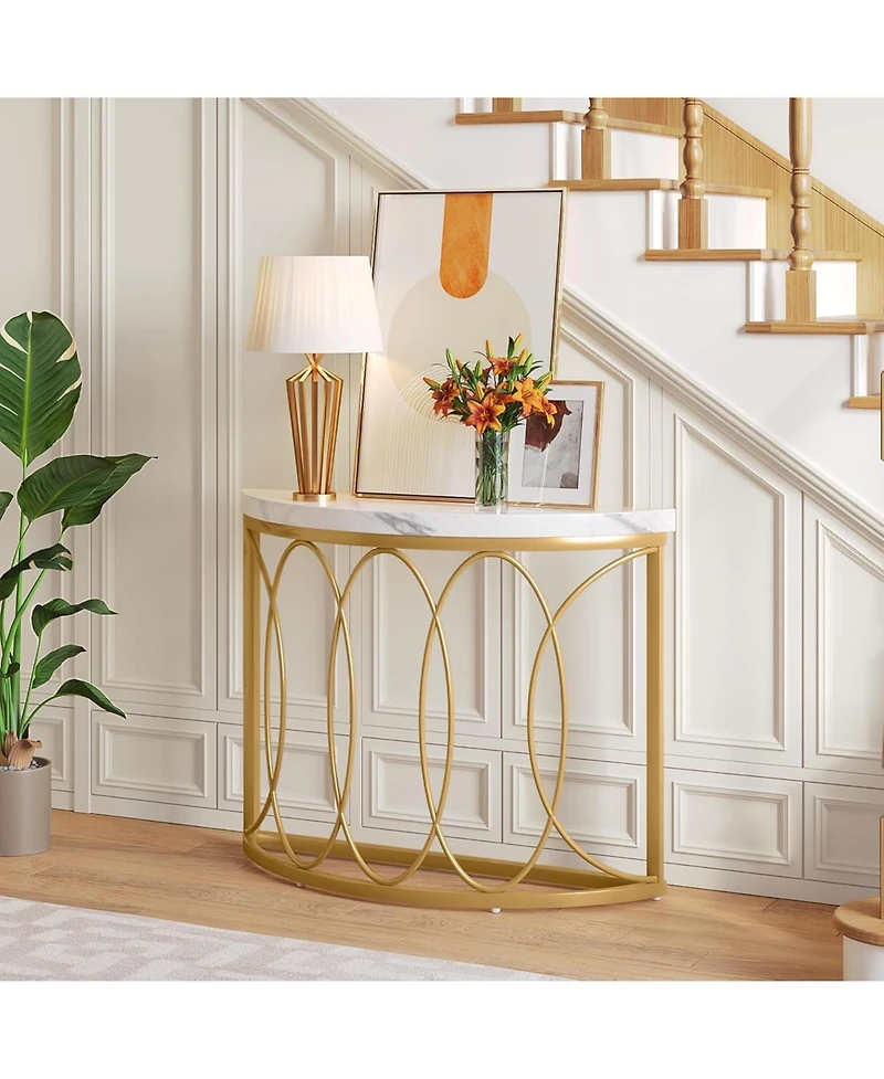 Tribesigns Half Moon Gold Console Table, 43 Inch Modern Faux Marble Entryway Table, Narrow Semi Circle Sofa Accent Table with Geometric Metal Frame fo