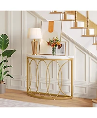 Tribesigns Half Moon Gold Console Table, 43 Inch Modern Faux Marble Entryway Table, Narrow Semi Circle Sofa Accent Table with Geometric Metal Frame fo