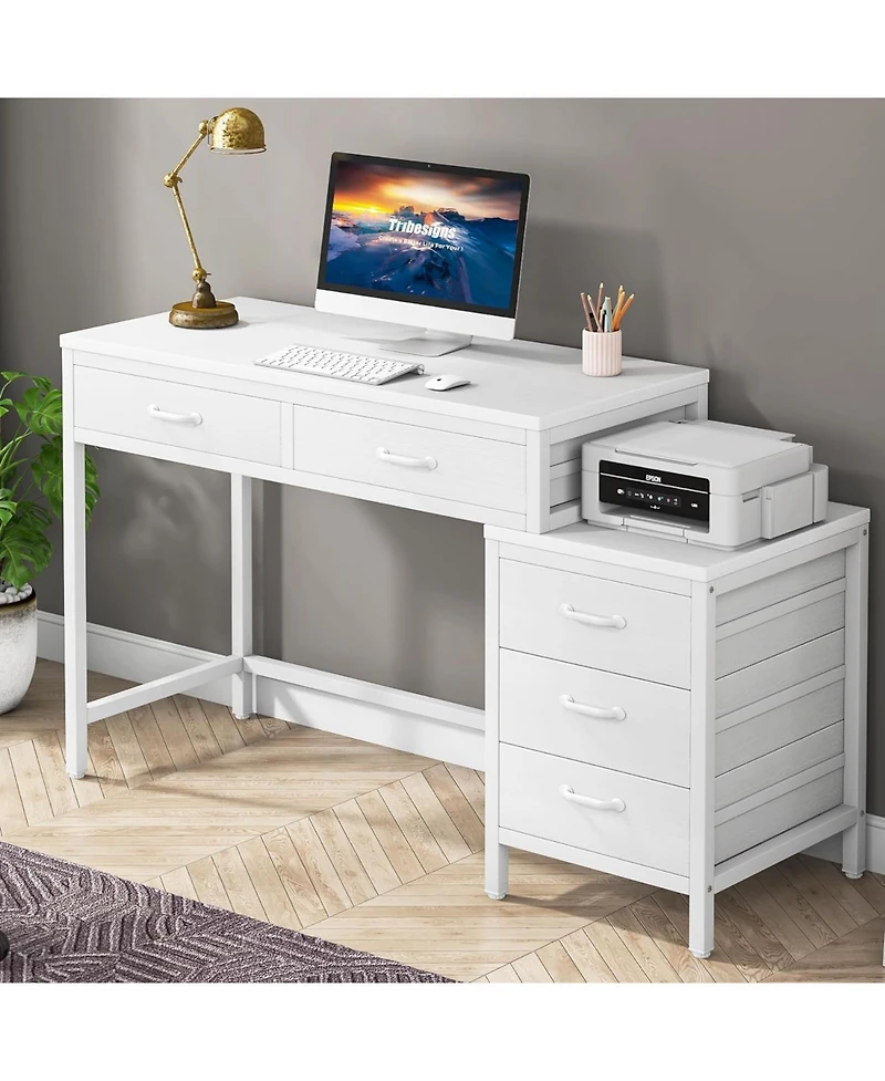 Tribesigns Computer Desk with 5 Drawers, Home Office Desks Reversible Drawer Cabinet Printer Stand, Rustic Study Writing Table Workstation
