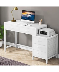 Tribesigns Computer Desk with 5 Drawers, Home Office Desks Reversible Drawer Cabinet Printer Stand, Rustic Study Writing Table Workstation