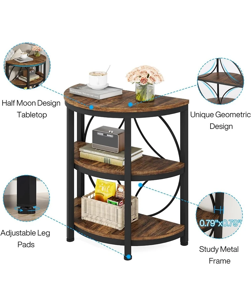 Tribesigns Half Round End Table, 3-Tier Narrow Side Table with Metal Frame, Half Circle Table, Half Moon Small Coffee Accent Table Bedside Table for L