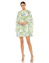 Mac Duggal Women's Floral Print High Neck Ruffle Hem Cape Mini Dress
