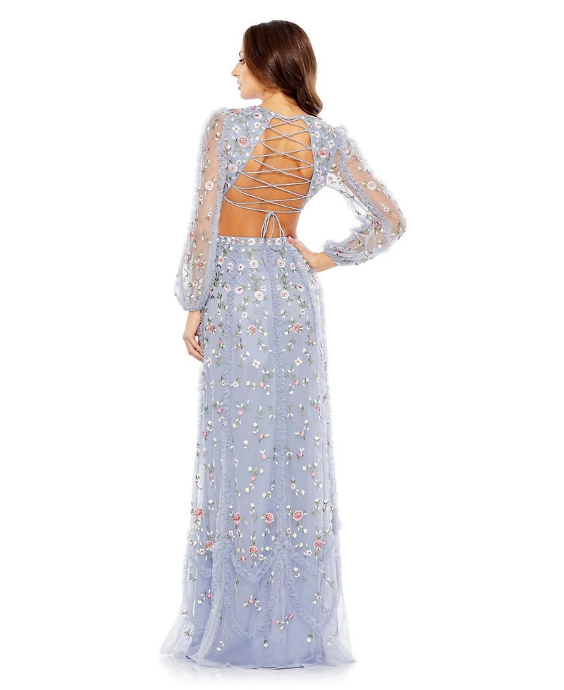 Mac Duggal Women's Long Sleeve Embellished Cut Out A-Line Gown