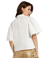 Mac Duggal Women's Stretch Cotton Flare Ruffle Sleeve Button Up Top