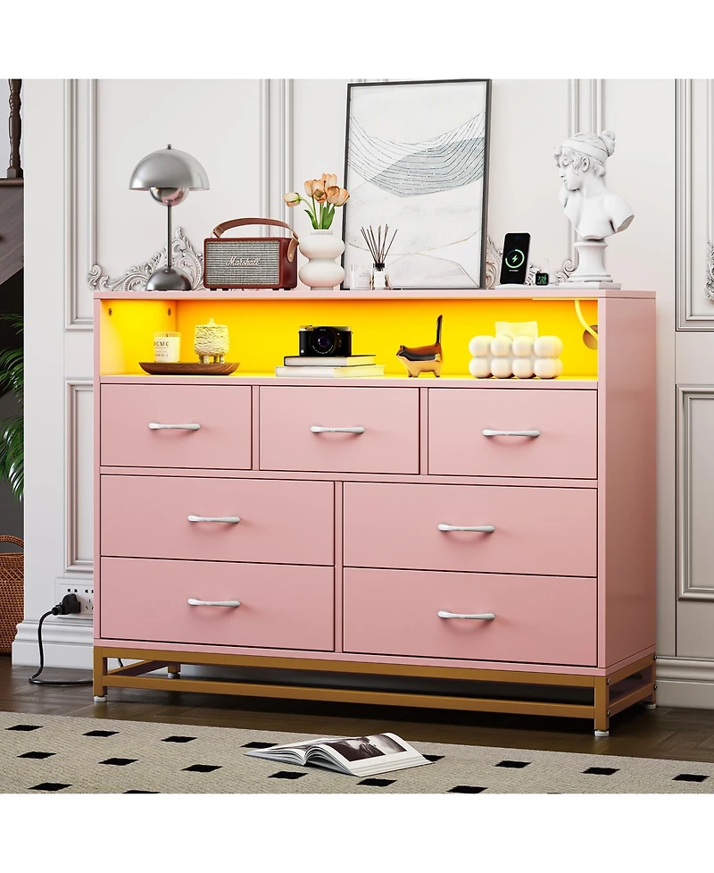 Pink Dresser for Bedroom, Modern 7 Drawers Long Dresser with Charging Station and Led Lights Design, Wooden Large Capacity Storage Chest of Drawers, W