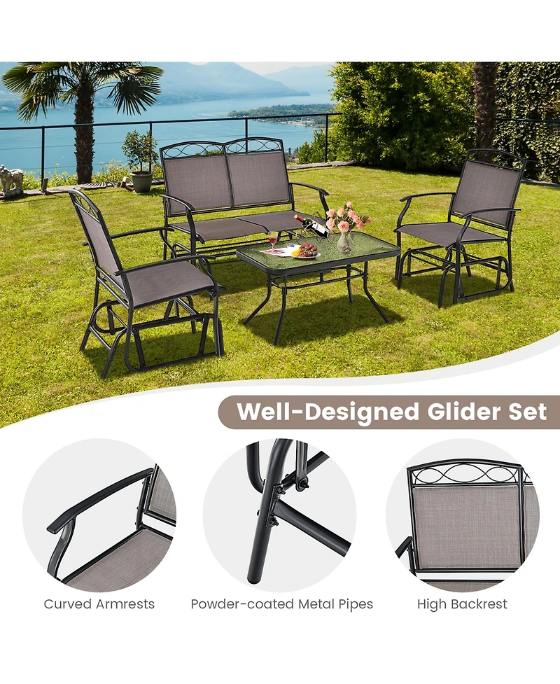 Costway 4pcs Patio Glider Conversation Set Swing Rocking Chair Table Heavy-Duty Outdoor