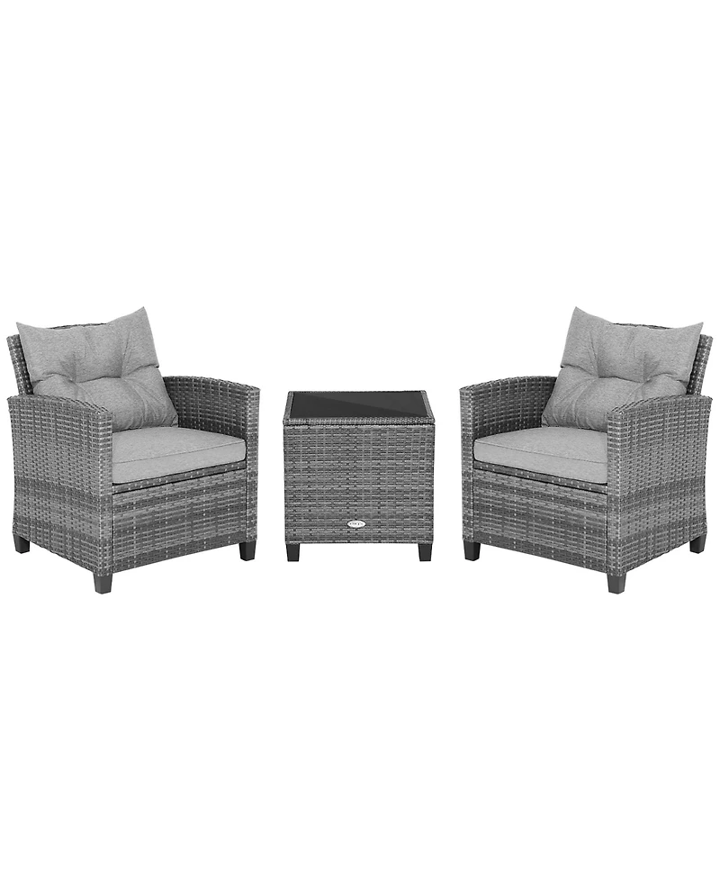 3PCS Patio Rattan Furniture Bistro Set Cushioned Sofas Side Table Armrest