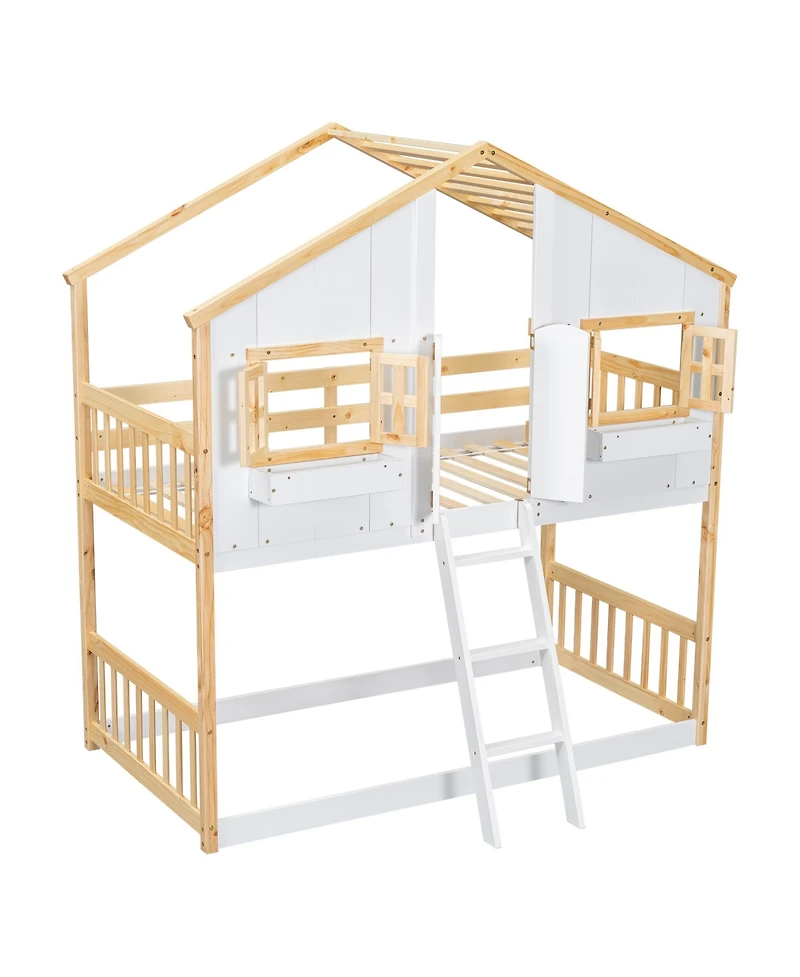Streamdale Twin over Twin House Bunk Bed with Roof, Window, Door, Ladder