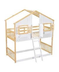 Streamdale Twin over Twin House Bunk Bed with Roof, Window, Door, Ladder