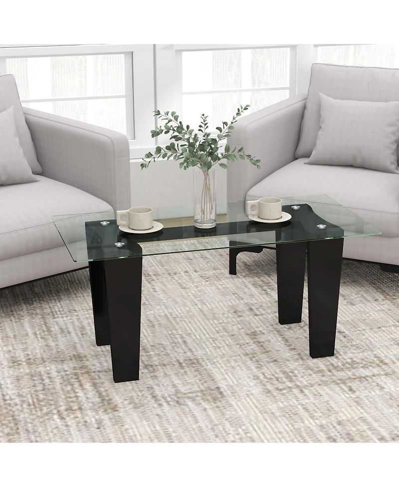 39.5 Inch Glass Coffee Table Modern Rectangular Center Table with Solid Rubber Wood Legs-Black