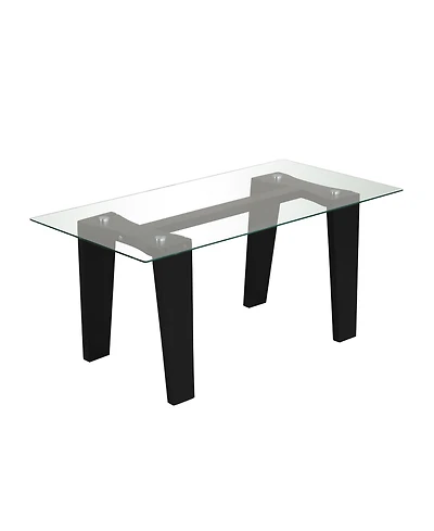 39.5 Inch Glass Coffee Table Modern Rectangular Center Table with Solid Rubber Wood Legs-Black