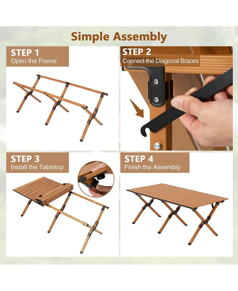 Folding Aluminum Camping Table with Carry Bag Roll-Up Picnic Table with Wood Grain