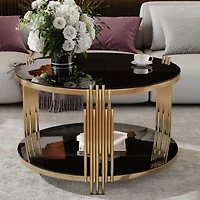 Streamdale Modern Glass Coffee Table 31.5", Asymmetrical Metal, Circular Metal Drum Base, Gold Finish & Lower Shelf