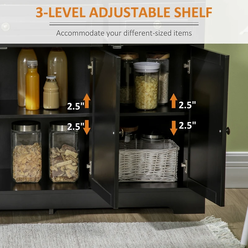 Black Sideboard Buffet Cabinet with Drawers and Adjustable Shelves
