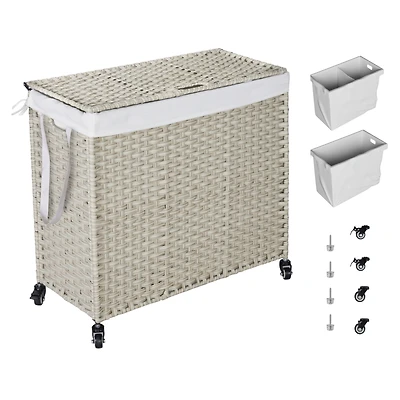 Powder-Coated Rattan Laundry Hamper with Removable Bags and Wheels