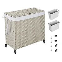 Powder-Coated Rattan Laundry Hamper with Removable Bags and Wheels