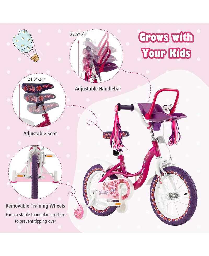 Costway 16'' Kids Bike with Doll Seat Girls Bicycle with Training Wheels for 4-7 Years Old Girl