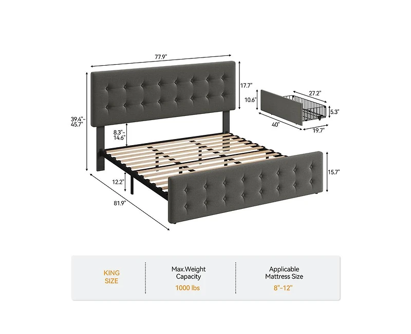 gaomon Queen Bed Frame with 4 Storage Drawers and Headboard, Velvet Upholstered Platform Wooden Slats Support, Button Tufted Desig