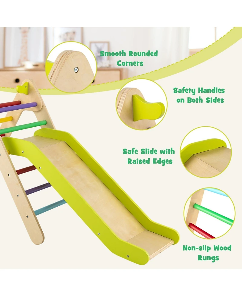 Sugift 2-in-1 Wooden Triangle Climber Set with Gradient Adjustable Slide