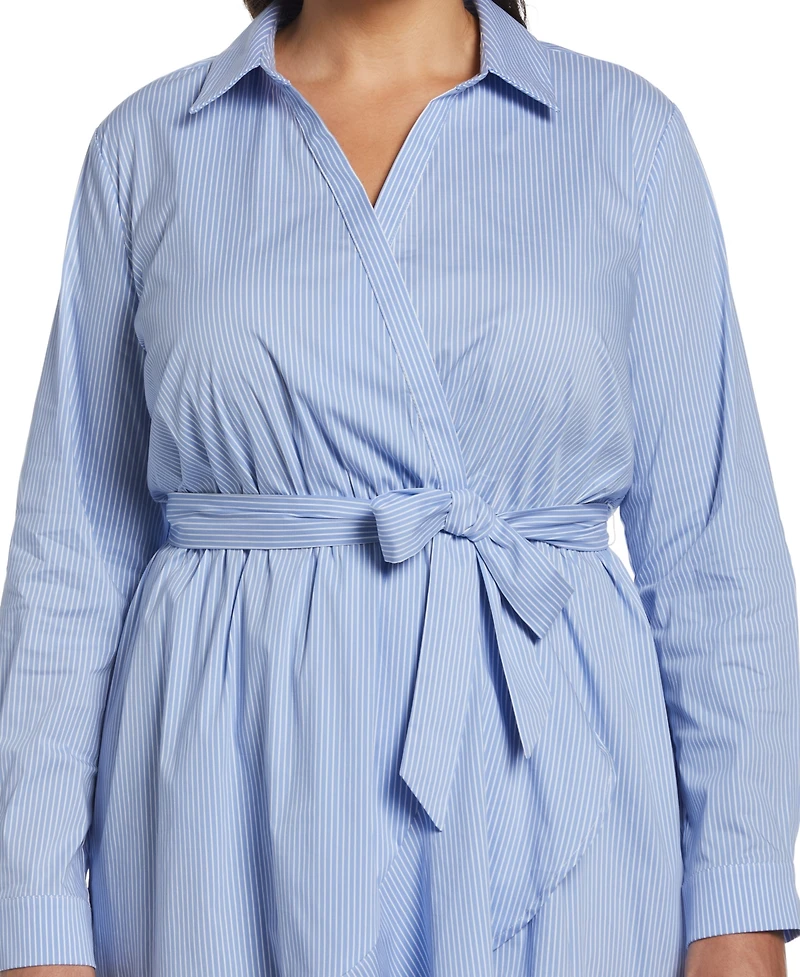 Rafaella Plus Stripe Poplin Ruffle Long Sleeve Wrap Dress