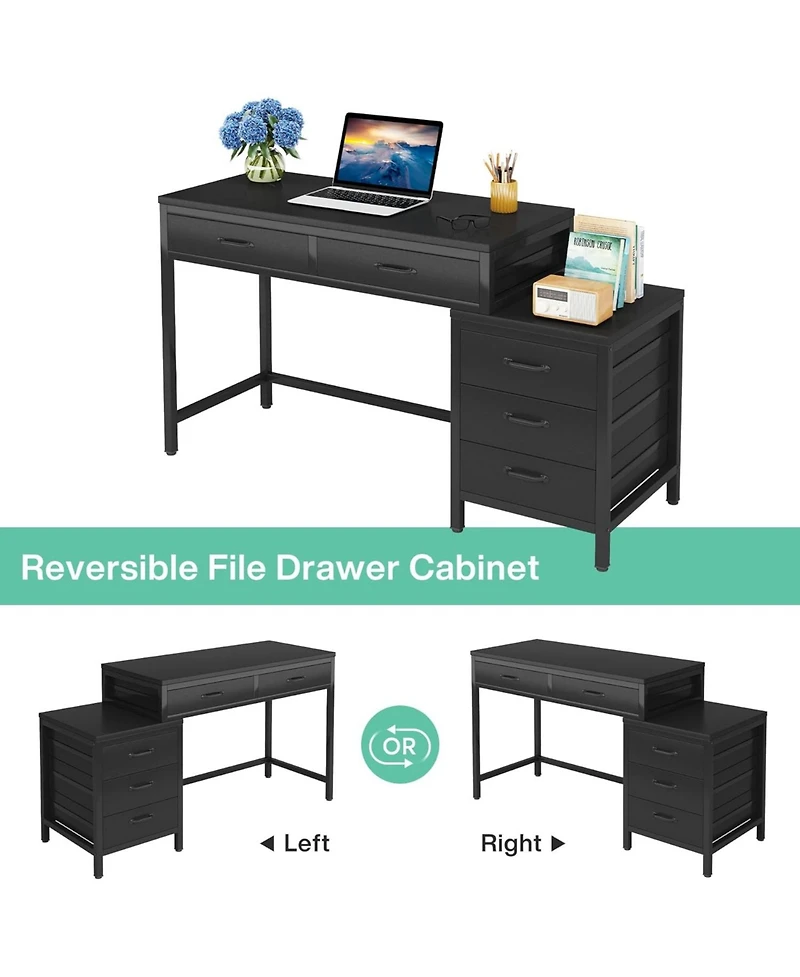 Tribesigns Computer Desk with 5 Drawers, Home Office Desks with Reversible Drawer Cabinet Printer Stand, Rustic Study Writing Table Workstation