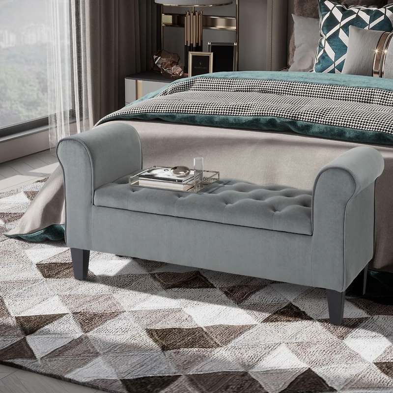 Tufted Storage Bench with Rolled Arms