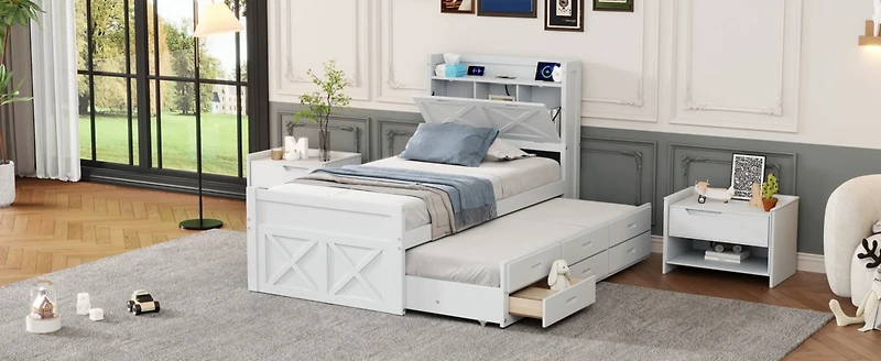Streamdale Twin Bed with Storage Headboard and Trundle