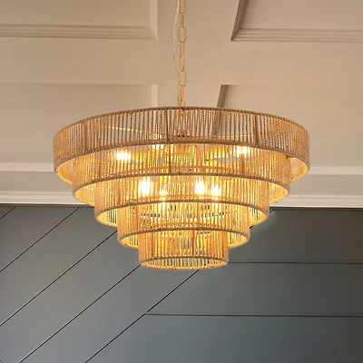 Streamdale Woven Bohemian Rattan Pendant Light with 5-Tier Chandelier