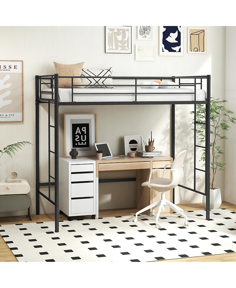 Gymax Metal Twin Loft Bed Space-saving Loft Bed Frame w/ Full-length Safety Guardrail 2 Ladders Black