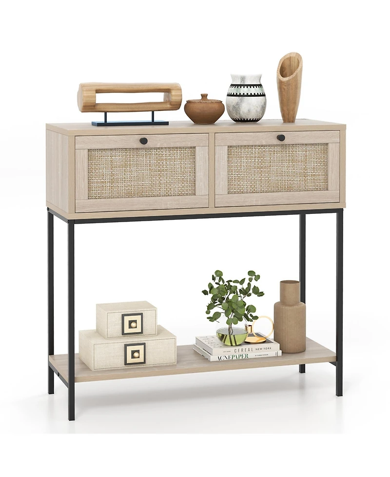 Sugift Rattan Console Table Boho Entryway Table with 2 Rattan Drawers and Open Storage Shelf-Oak