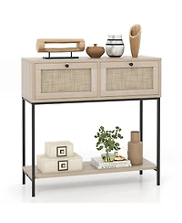 Sugift Rattan Console Table Boho Entryway Table with 2 Rattan Drawers and Open Storage Shelf-Oak