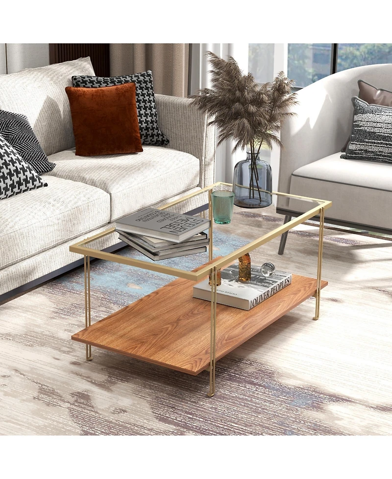 Skonyon 2 Tiers Rectangle Glass Coffee Table with White and Gold Steel Frame-Golden