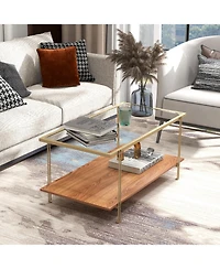 Skonyon 2 Tiers Rectangle Glass Coffee Table with White and Gold Steel Frame-Golden