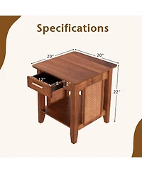 Skonyon Rattan Nightstand End Table with Drawer and Storage Shelf-Walnut