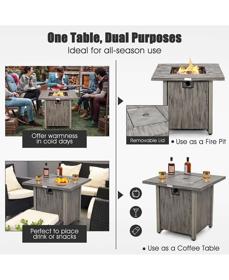 Sugift 28 Inch 40 000 Btu Square Fire Pit Table with Lid and Lava Rocks-Gray