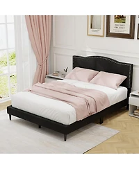 Skonyon Queen Size Upholstered Bed Frame with Nailhead Trim Headboard-Queen Size