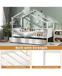 Skonyon Twin House Bed with 2 Storage Drawers and Roof & Fence Rails-White