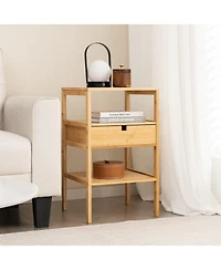 Skonyon Nightstand Set of 2 Bamboo End Table with 2 Open Shelves and Drawer-Set of 2