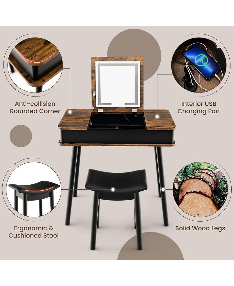 Skonyon Vanity Table Set with Flip Top Mirror Lights Usb Writing Desk and Stool-Brown