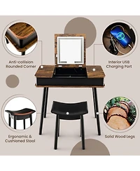 Skonyon Vanity Table Set with Flip Top Mirror Lights Usb Writing Desk and Stool-Brown